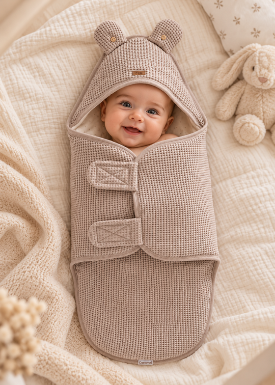 Sac Port-Bebe din Bumbac Maro cu Gluga si Urechiuse pentru Bebelusi ANU2805 – Mell Sweet Baby