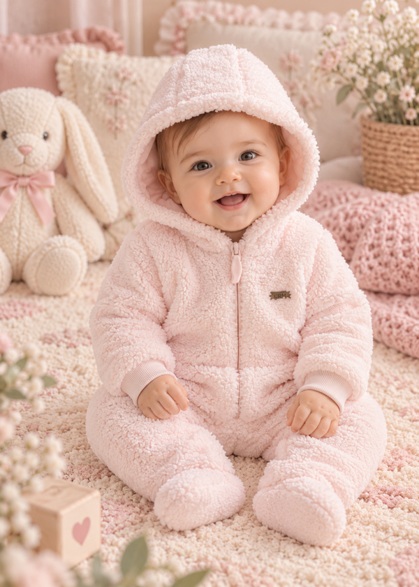 Combinezon din Blanita Sherpa Roz cu Gluga si Fermoar pentru Fetite TK2707 – Mell Sweet Baby