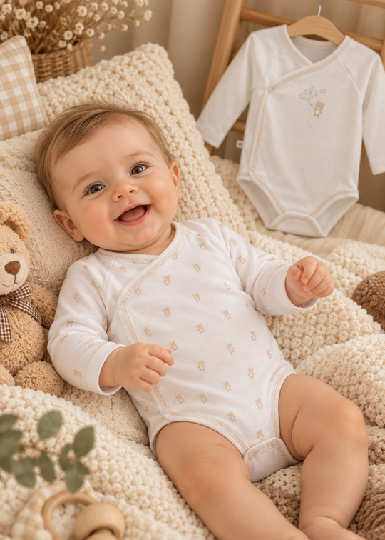 Set 2 Body-uri Albe cu Maneca Lunga, Inchidere Laterala, Imprimeu si Margini Bej pentru Baieti BE2636 – Mell Sweet Baby
