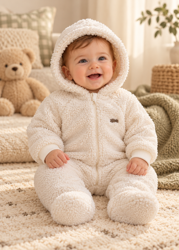 Combinezon din Blanita Sherpa Crem cu Gluga cu Urechiuse si Fermoar pentru Baieti TE2703 – Mell Sweet Baby