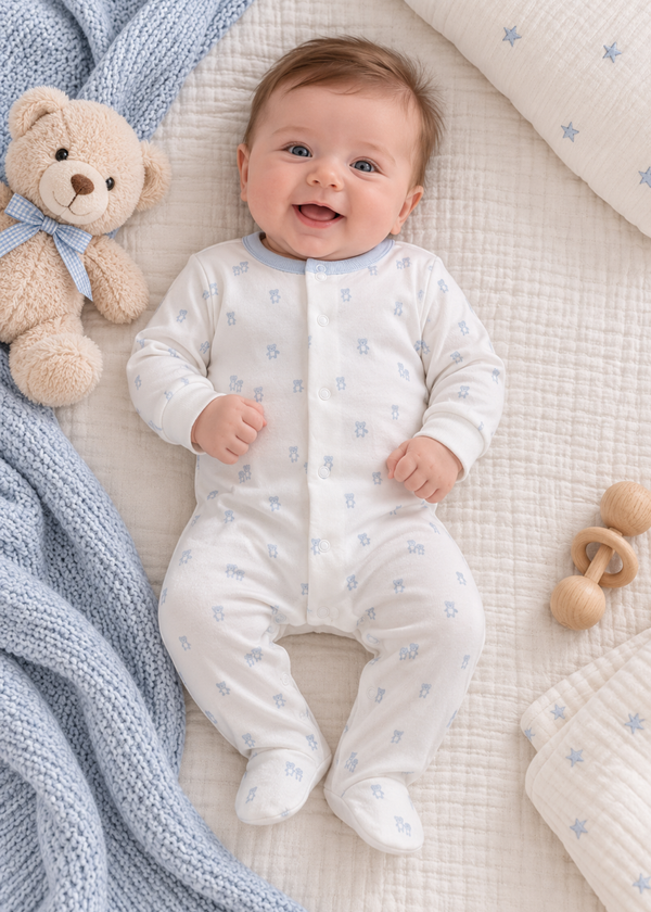 Salopeta Alba cu Imprimeu, Margini Bleu si Botosei pentru Baieti TE2750 – Mell Sweet Baby