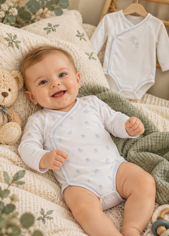 Set 2 Body-uri Albe cu Maneca Lunga, Inchidere Laterala, Imprimeu si Margini Bleu pentru Baieti BE2636 – Mell Sweet Baby
