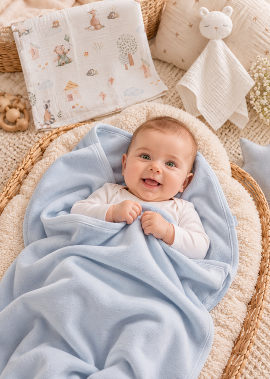 Set 3 Piese Bleu cu Jucarie Doudou Urs si 2 Pleduri din Bumbac pentru Bebelusi BTU2466 – Mell Sweet Baby