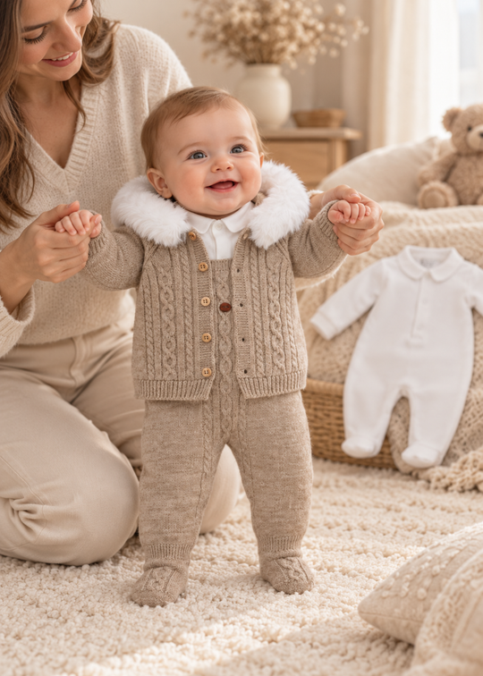 Set 3 Piese Bej din Lana Merinos cu Cardigan cu Blanita pentru Baieti 9337 – Leo King