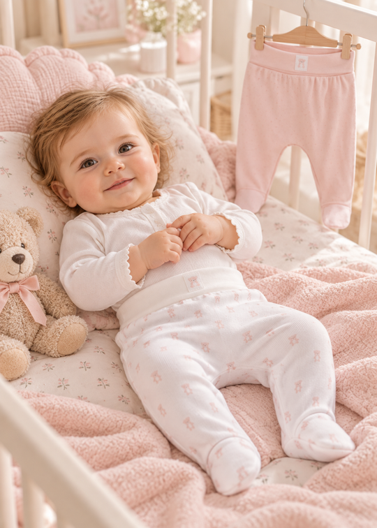 Set 2 Pantaloni cu Botosei, o Pereche Alba cu Imprimeu si Una Roz, pentru Fetite APK2648 – Mell Sweet Baby