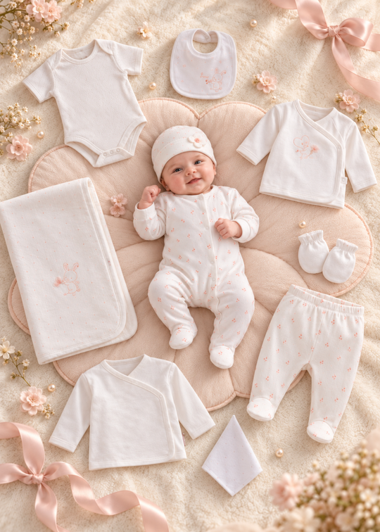 Set Maternitate 10 Piese Crem cu Imprimeu Roz din Bumbac pentru Fetite ZK2524 – Mell Sweet Baby