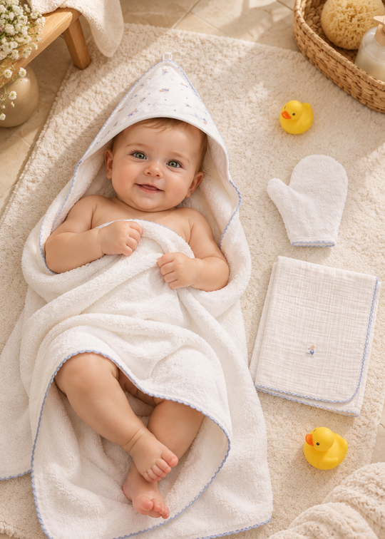 Set de Baie Bleumarin cu Prosop cu Gluga, Manusa de Baie si Prosop din Muselina pentru Baieti HTE2566 – Mell Sweet Baby