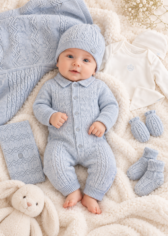 Set Maternitate 9 Piese Bleu din Lana Merinos cu Salopeta cu Guler, Salopeta din Bumbac si Paturica pentru Baieti 3466 – Leo King