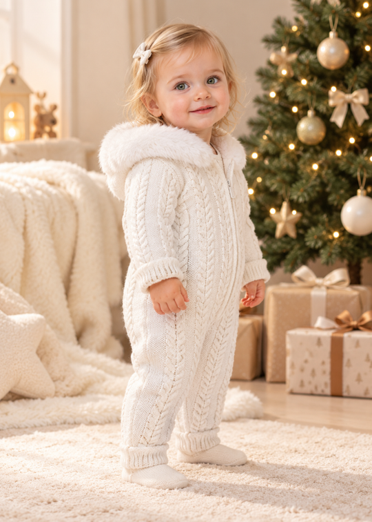 Combinezon Tricotat Ivory din Lana Merinos cu Blanita la Gluga pentru Fetite 9424 – Leo King