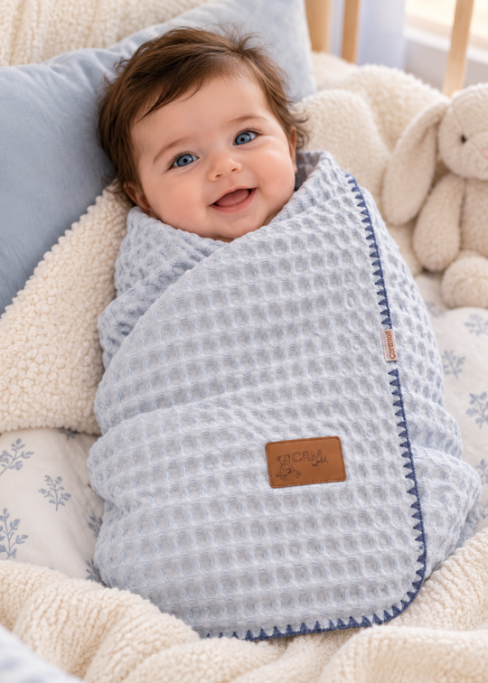 Patura din Tesatura Tip Vafa si Welsoft Bleu cu Margine Cusuta Decorativ BTU2807 – Mell Sweet Baby