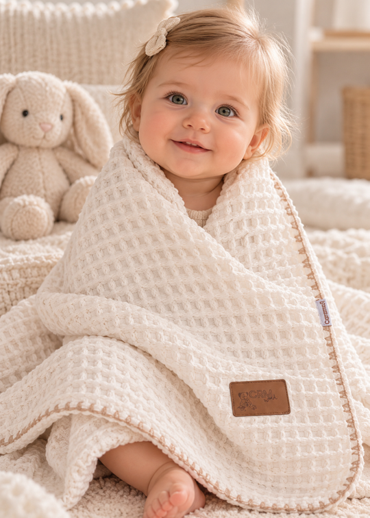 Patura din Tesatura Tip Vafa si Welsoft Crem cu Margine Cusuta Decorativ BTU2807 – Mell Sweet Baby