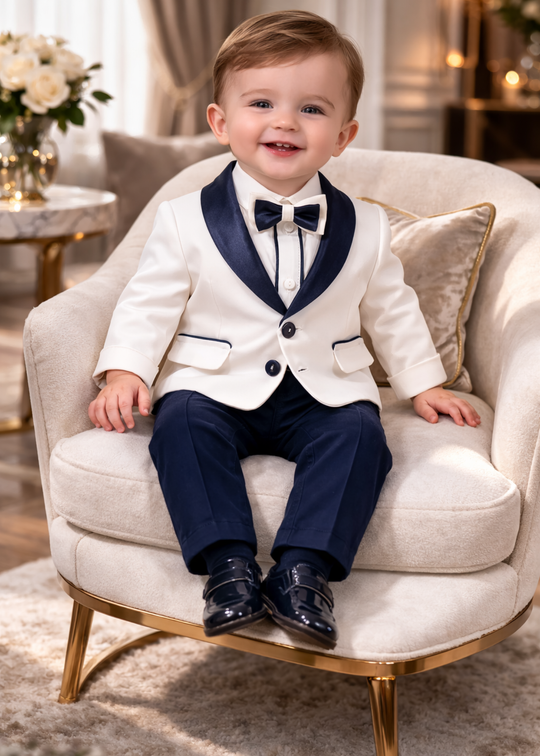 Domenico Cream Blazer with Navy Satin Shawl Collar AnneBebe