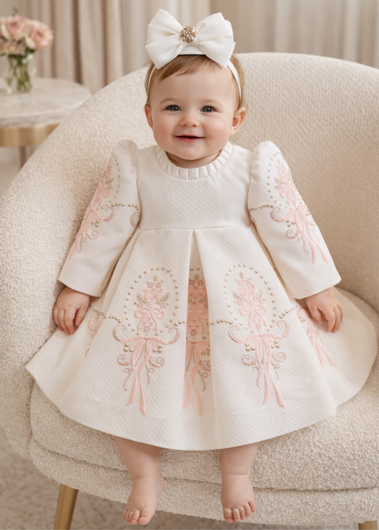 Rochita Cristiana Crem Bordura Flori Roz Cu Auriu AnneBebe