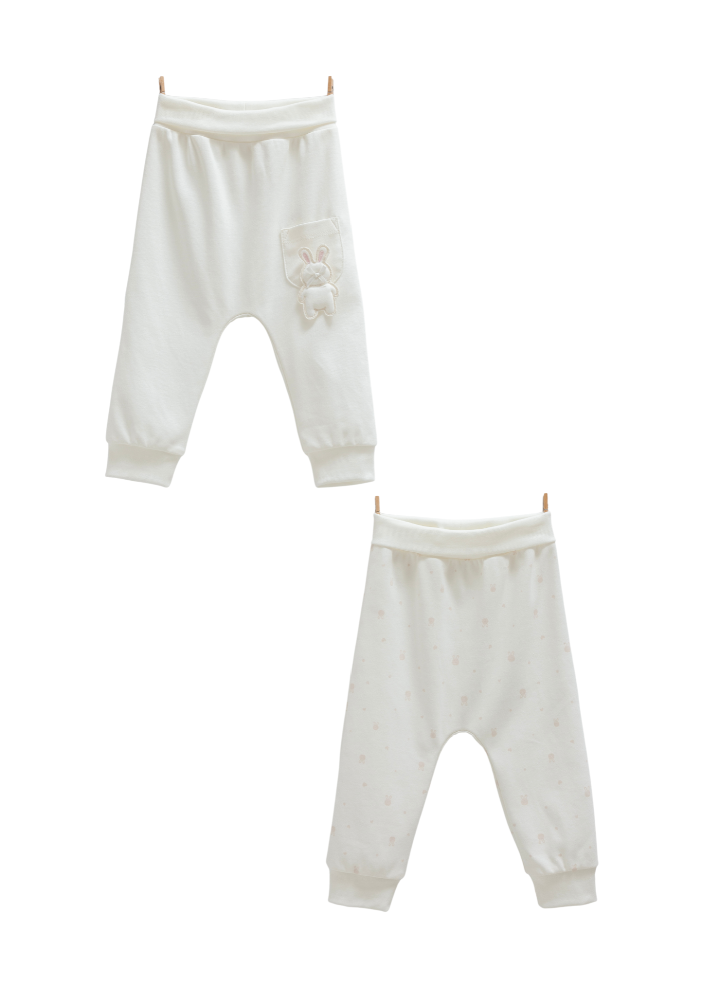 Set 2 Perechi de Pantaloni din Bumbac Crem cu Iepure APK1486 Mell Sweet Baby