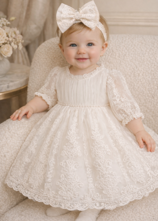 Rochita Blanca Alba Cu Manecute Dantela Brodata Si Perle In Talie AnneBebe