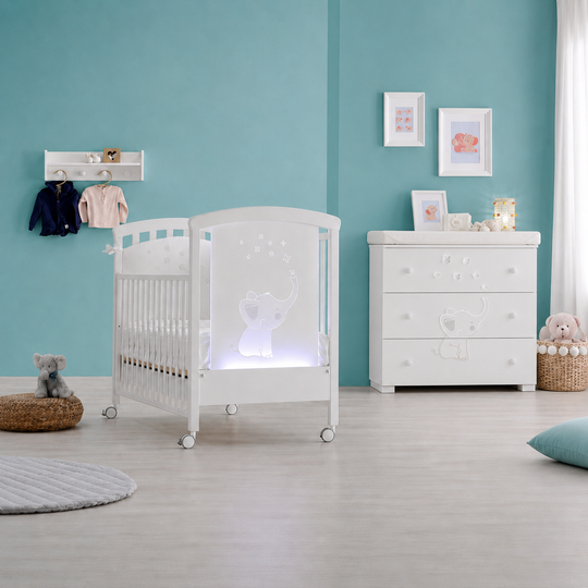 Dormitor Elly LED 3 piese Alb & Gri Patut, Saltea si Cabinet – Erbesi