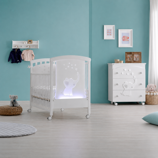 Dormitor Elly LED 3 piese Alb & Gri Patut, Saltea si Comoda – Erbesi