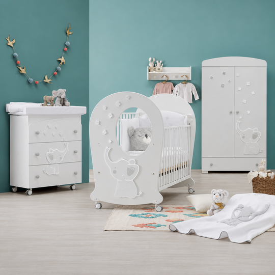 Dormitor bebe Elly Oblo 4 piese Alb & Gri - Pătuț, Saltea, Comodă, Dulap – Erbesi