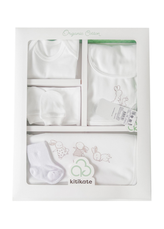 Set 10 Piese Maternitate din Bumbac Organic Crem cu Iepuri Basic S66268 KitiKate
