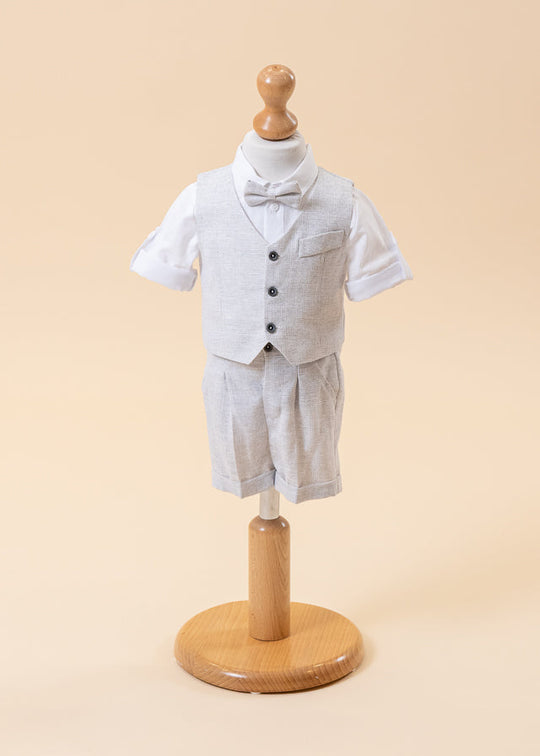 Costum Raul Vesta Si Pantalon Scurt Gri, Camasa Alba si Papion AnneBebe