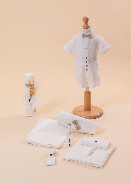 Set Botez Radu 3 Piese, Costum, Trusou si Lumanare Personalizat Botez AnneBebe