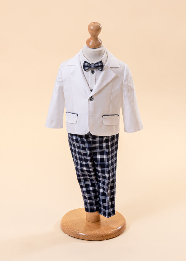 AnneBebe Elegant Navy Blue Plaid Long And Short Pants Suit