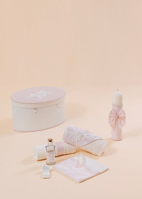 Set Botez Sara 3 Piese, Lumanare, Trusou si Cufar Personalizat Botez AnneBebe