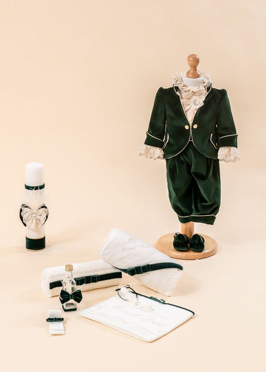 Baptism Set Green Velvet Print 3 Pieces Suit Candle Trunk AnneBebe
