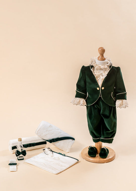 Green Velvet Print Baptism Set 2 Pieces Costume and Trouser AnneBebe