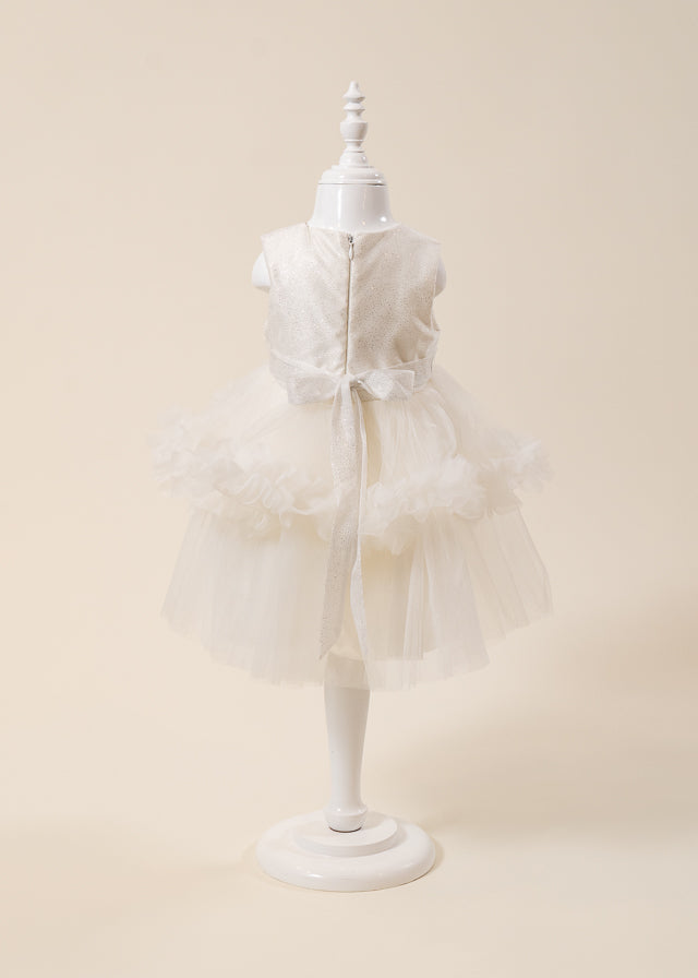 Rochie Ceremonie Ivory cu Flori Aplicate pe Bust si Fusta cu Volane din Tulle L7001 Lugu