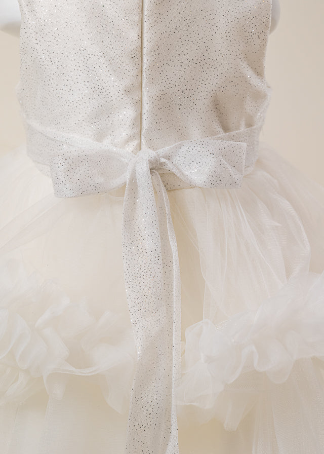 Rochie Ceremonie Ivory cu Flori Aplicate pe Bust si Fusta cu Volane din Tulle L7001 Lugu