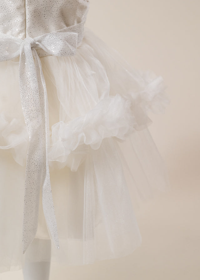 Rochie Ceremonie Ivory cu Flori Aplicate pe Bust si Fusta cu Volane din Tulle L7001 Lugu