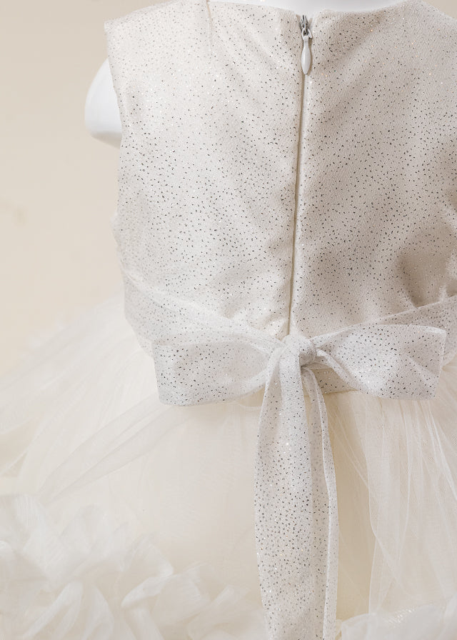 Rochie Ceremonie Ivory cu Flori Aplicate pe Bust si Fusta cu Volane din Tulle L7001 Lugu