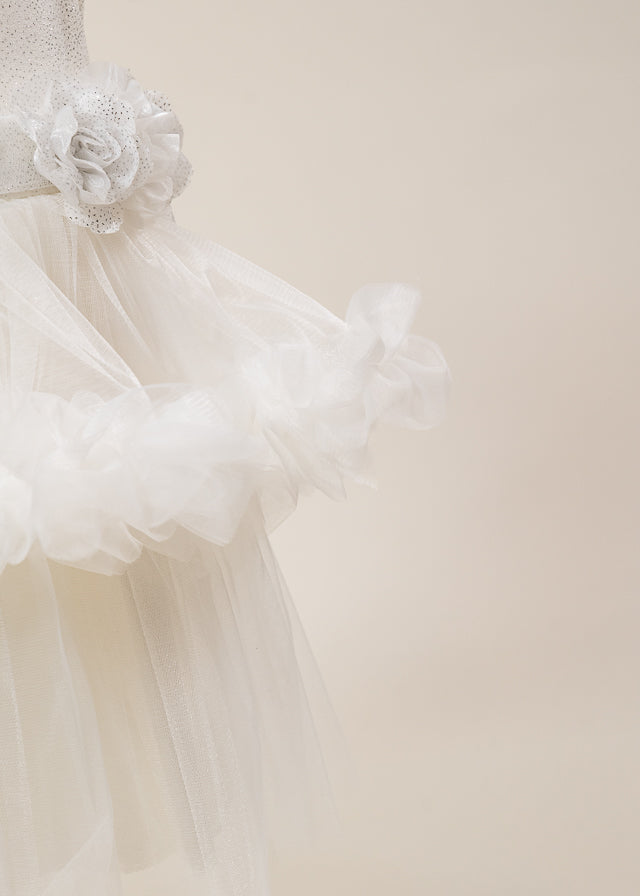 Rochie Ceremonie Ivory cu Flori Aplicate pe Bust si Fusta cu Volane din Tulle L7001 Lugu