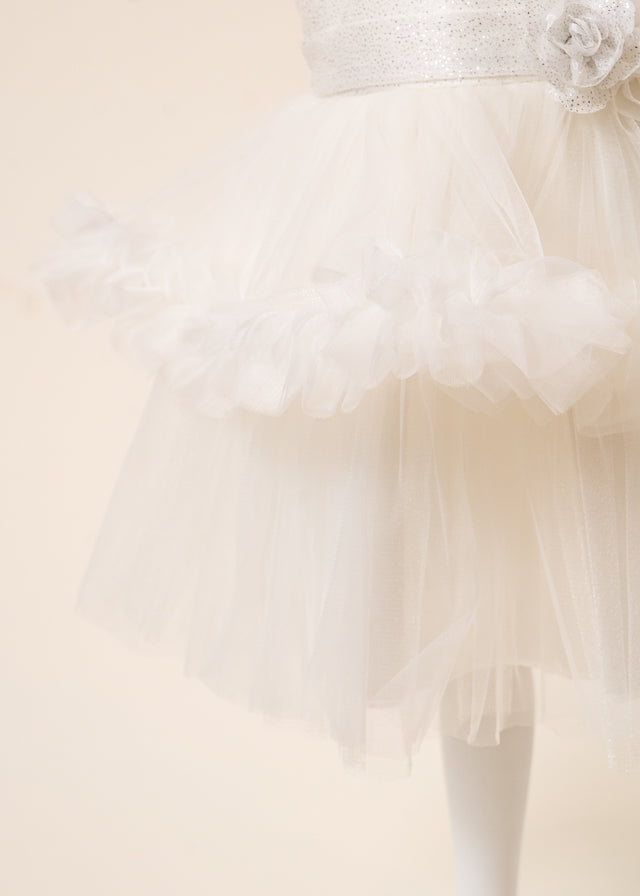 Rochie Ceremonie Ivory cu Flori Aplicate pe Bust si Fusta cu Volane din Tulle L7001 Lugu