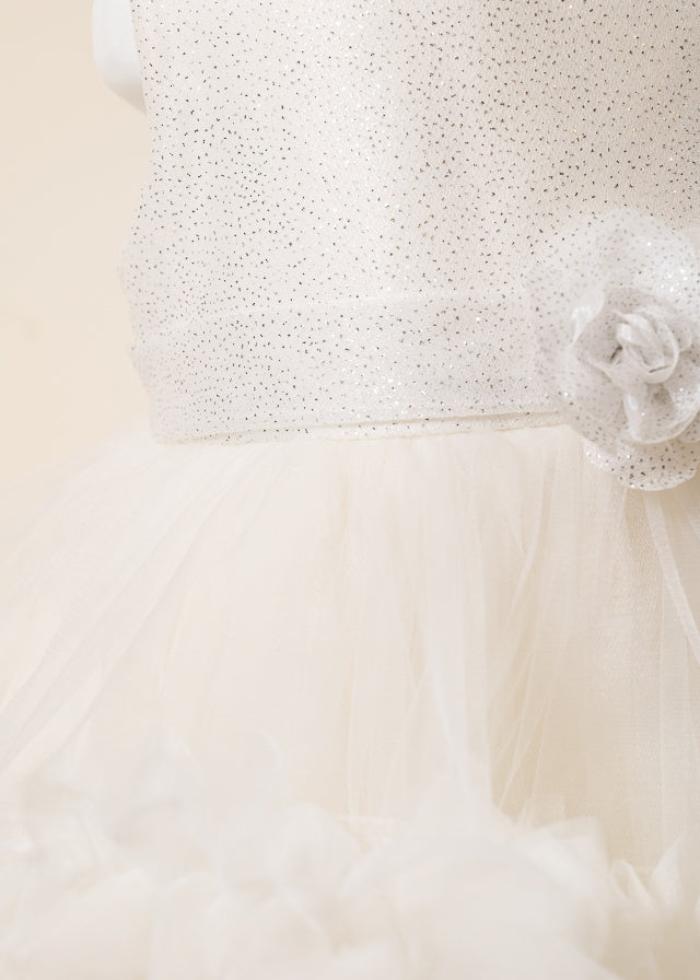 Rochie Ceremonie Ivory cu Flori Aplicate pe Bust si Fusta cu Volane din Tulle L7001 Lugu