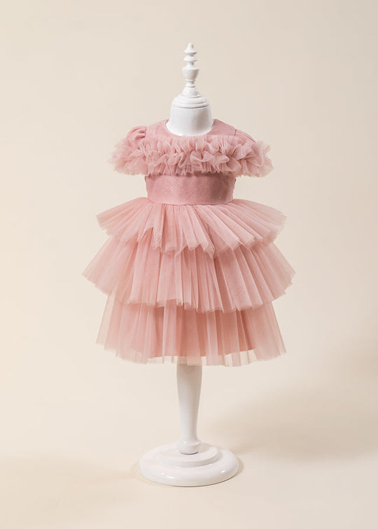 Powder Pink Ceremony Dress Sequin Bust with Tulle Ruffles L7013 Lugu
