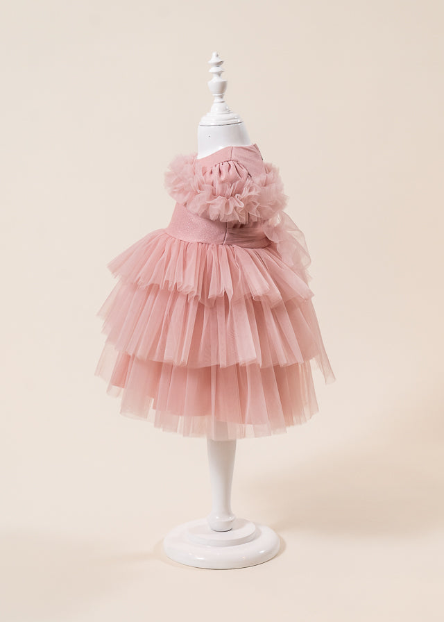 Rochie Ceremonie Roz Pudra Bust Paiete cu Volane din Tulle L7013 Lugu