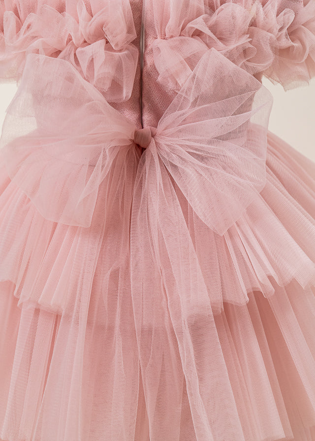 Rochie Ceremonie Roz Pudra Bust Paiete cu Volane din Tulle L7013 Lugu