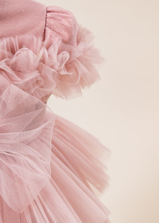 Rochie Ceremonie Roz Pudra Bust Paiete cu Volane din Tulle L7013 Lugu