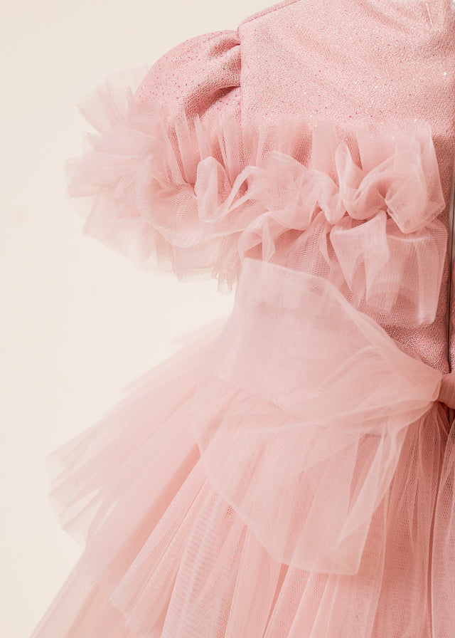 Rochie Ceremonie Roz Pudra Bust Paiete cu Volane din Tulle L7013 Lugu