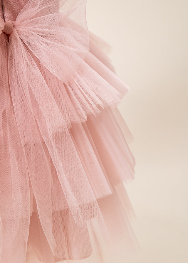 Rochie Ceremonie Roz Pudra Bust Paiete cu Volane din Tulle L7013 Lugu