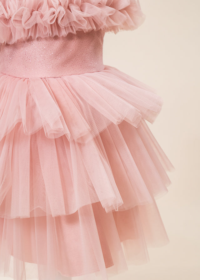 Rochie Ceremonie Roz Pudra Bust Paiete cu Volane din Tulle L7013 Lugu