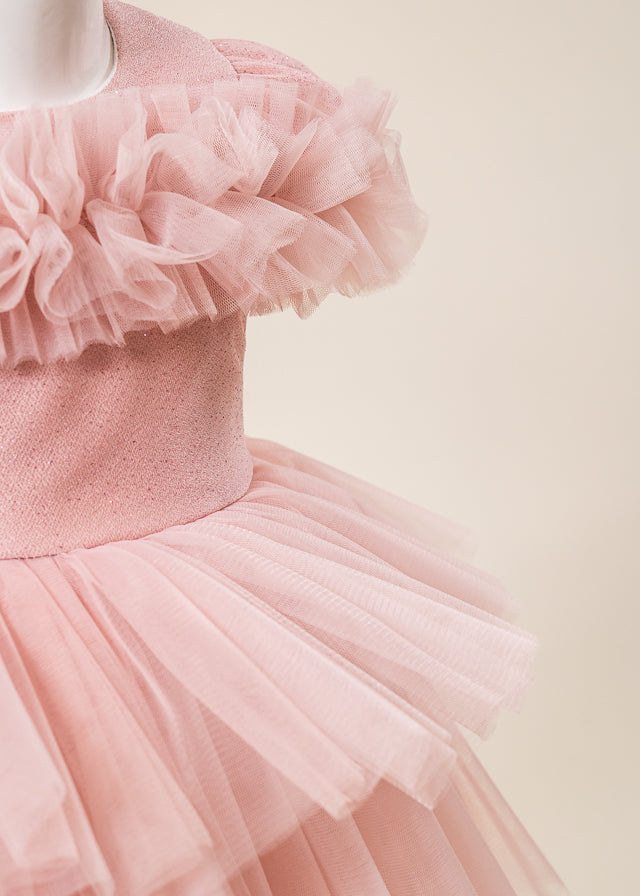 Rochie Ceremonie Roz Pudra Bust Paiete cu Volane din Tulle L7013 Lugu