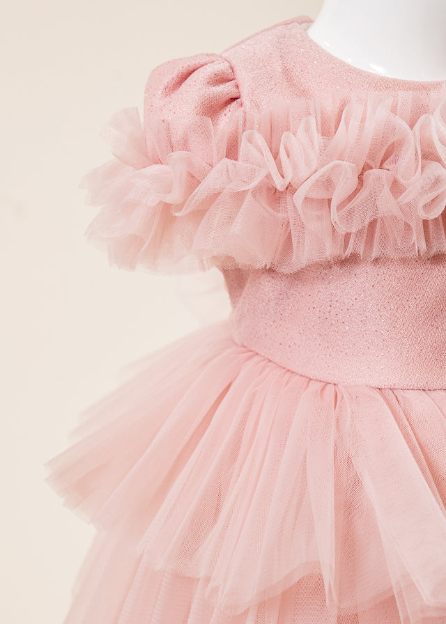 Rochie Ceremonie Roz Pudra Bust Paiete cu Volane din Tulle L7013 Lugu