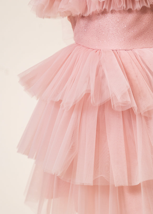 Rochie Ceremonie Roz Pudra Bust Paiete cu Volane din Tulle L7013 Lugu