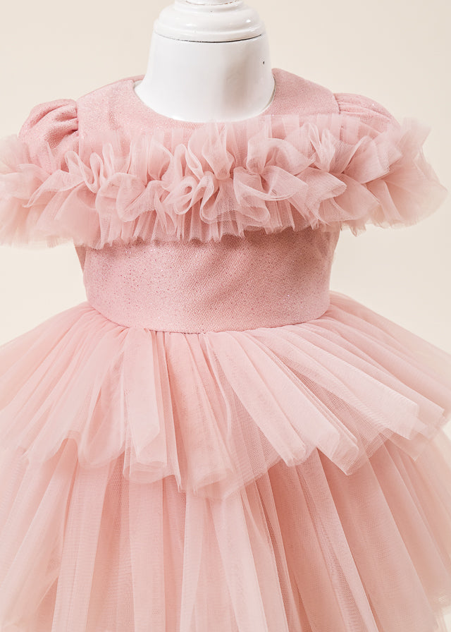 Rochie Ceremonie Roz Pudra Bust Paiete cu Volane din Tulle L7013 Lugu