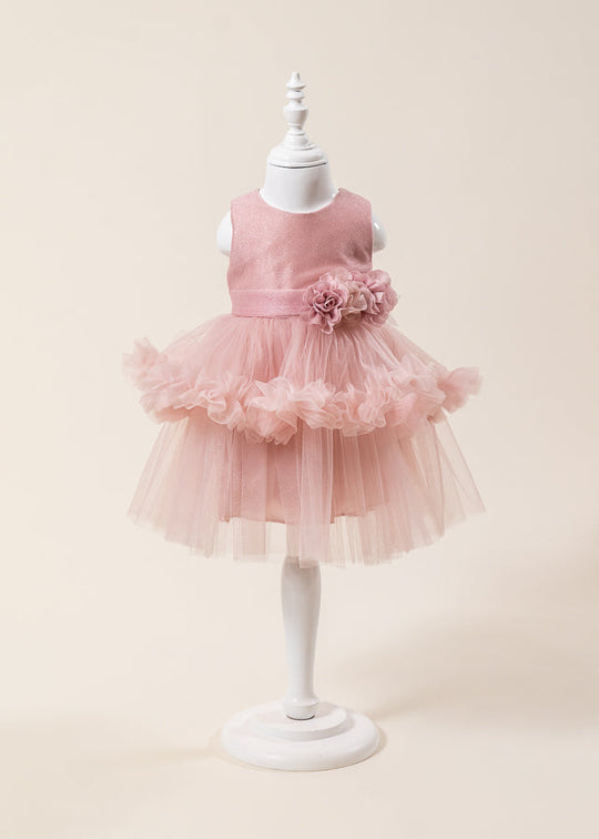 Powder Pink Ceremony Dress with Flowers Applied to the Bust and Tulle Ruffled Skirt L7001 Lugu