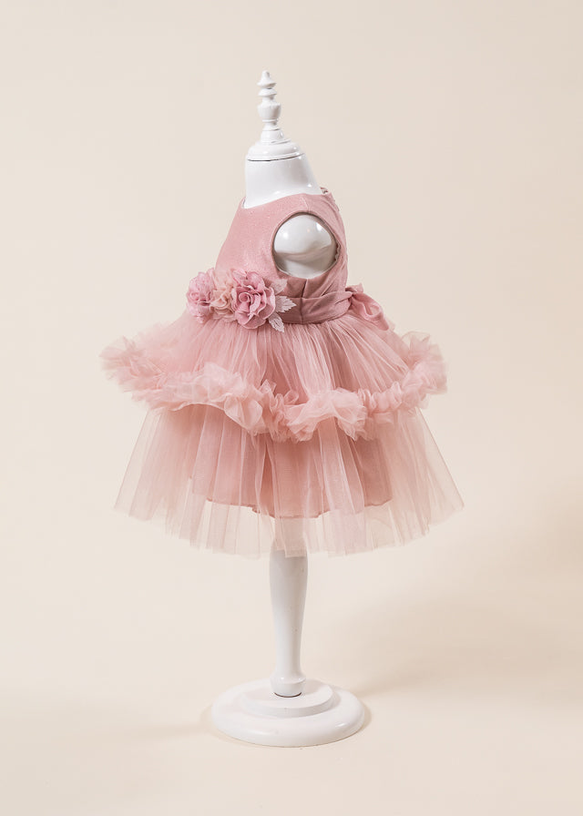 Rochie Ceremonie Roz Pudra cu Flori Aplicate pe Bust si Fusta cu Volane din Tulle L7001 Lugu