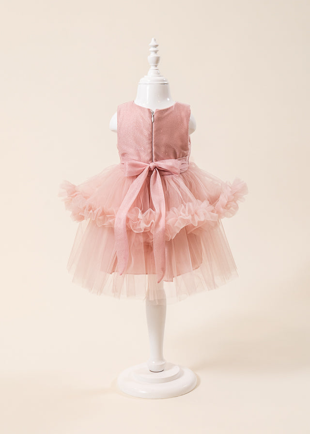 Rochie Ceremonie Roz Pudra cu Flori Aplicate pe Bust si Fusta cu Volane din Tulle L7001 Lugu